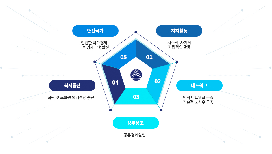 1. 자치활동 : 자주적, 자치적 자립적인 활동 2. 네트워크 : 인적 네트워크 구축 기술적 노하우 구축 3. 상부상조 : 공유경제실현 4. 복지증진 : 회원 및 조합원 복리후생 증진 5. 안전국가 : 안전한 국가경제 국민경제 균형발전